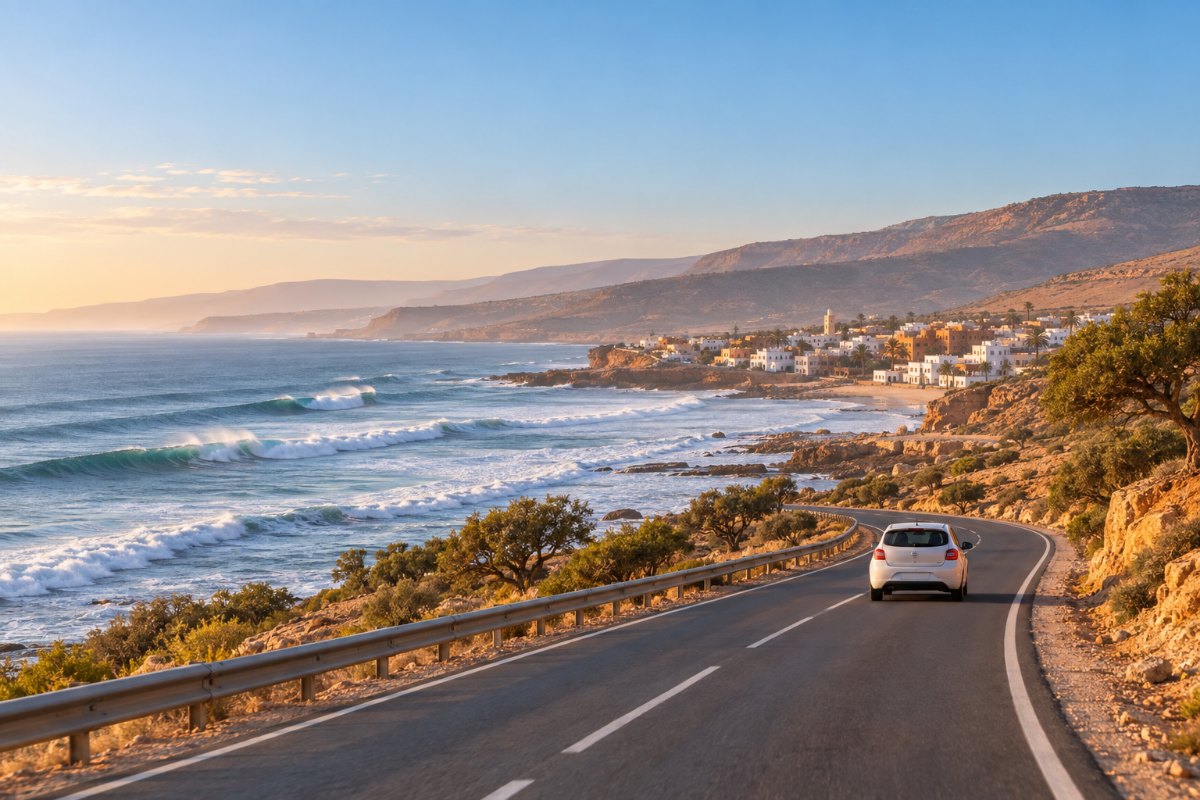 Illustration: coastal road between Agadir and Taghazout, with a small car driving along the ocean