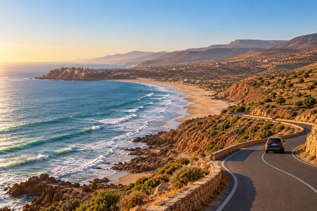 Illustration: Küstenstraße und Sandbucht an der Atlantikküste bei Agadir