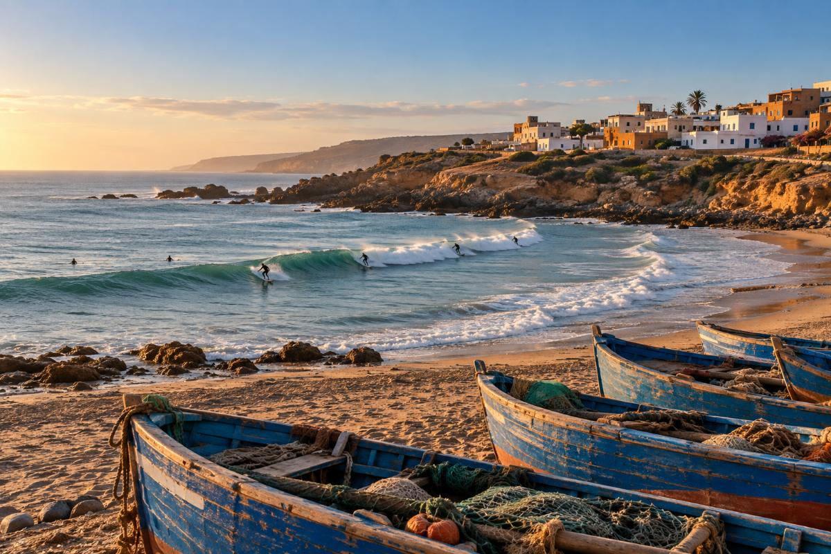 Illustration: blue fishing boats on the beach and a long right-hand wave, as in Imsouane bay