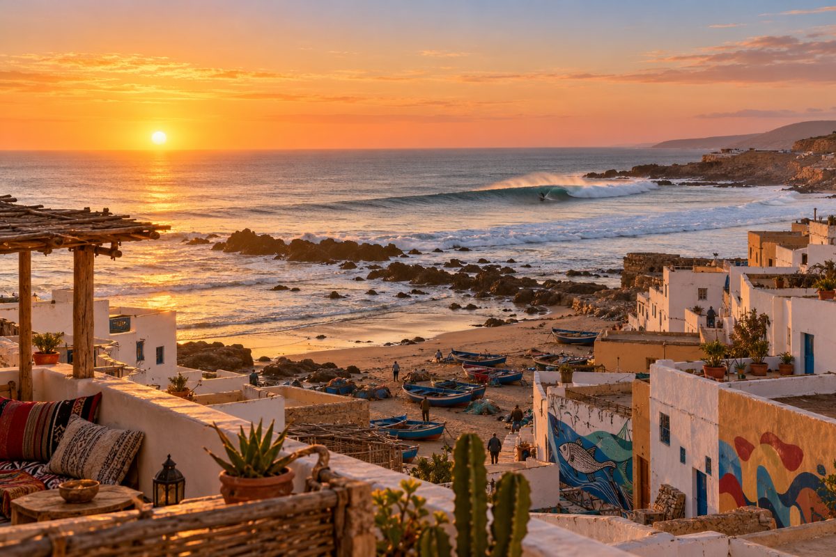 Illustration: sunset over a surf village with painted murals, like Taghazout
