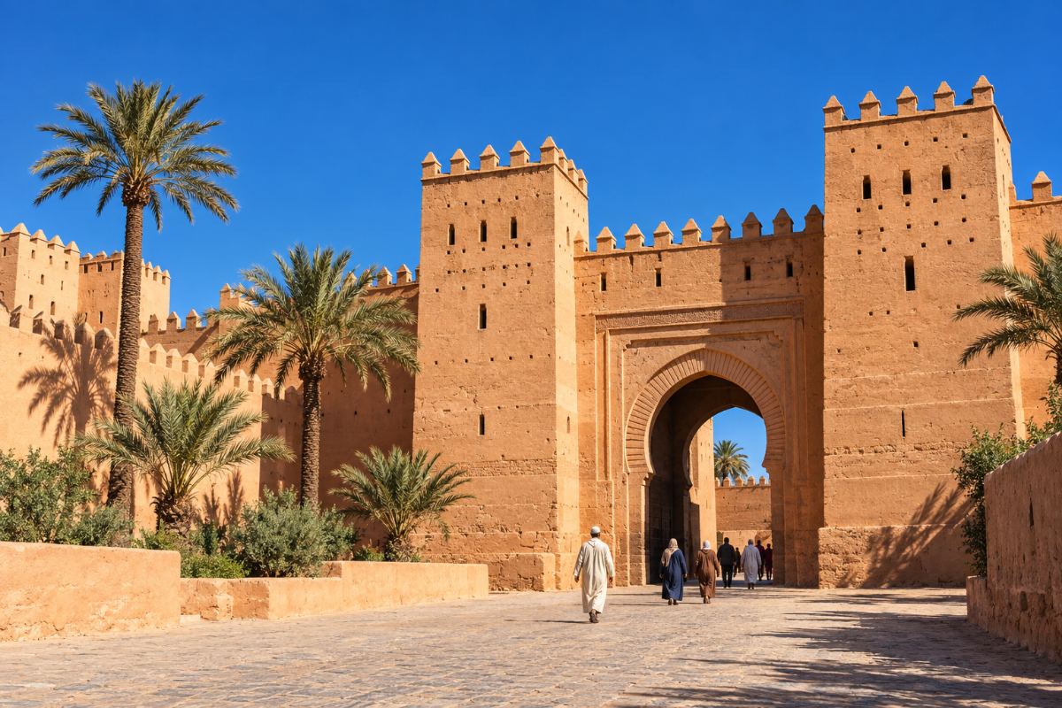 Illustration: ochre rammed-earth ramparts and a monumental gate of a southern Moroccan medina