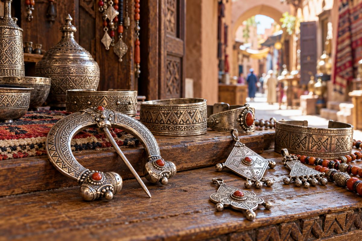 Illustration: Berber silver jewellery, including a fibula, on a souk stall